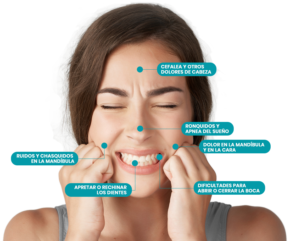 mujer con cefalea y dolores de cabeza, ronquidos y apnea del sueño, dolor en la mandíbula y en la cara, dificultades para abrir o cerrar la boca, apretar o rechinar los dientes y ruidos en la mandíbula